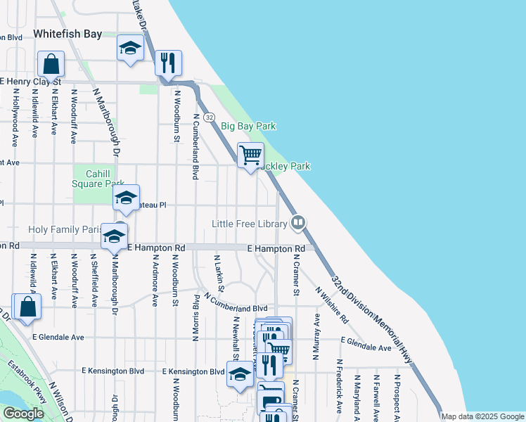 map of restaurants, bars, coffee shops, grocery stores, and more near 4870 North Bartlett Avenue in Whitefish Bay