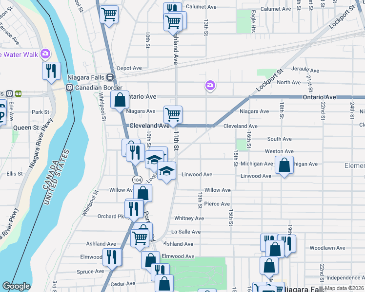 map of restaurants, bars, coffee shops, grocery stores, and more near 1109 South Avenue in Niagara Falls