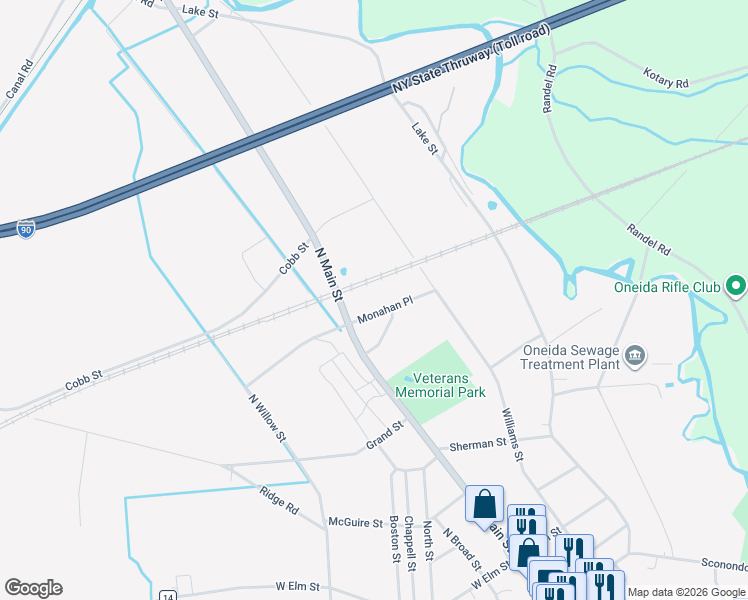 map of restaurants, bars, coffee shops, grocery stores, and more near 125 Monahan Place in Oneida