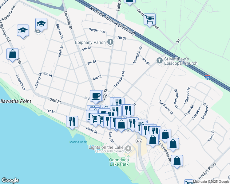 map of restaurants, bars, coffee shops, grocery stores, and more near 204 Tamarack Street in Liverpool