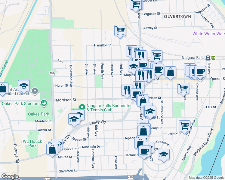 map of restaurants, bars, coffee shops, grocery stores, and more near 4726 3rd Avenue in Niagara Falls