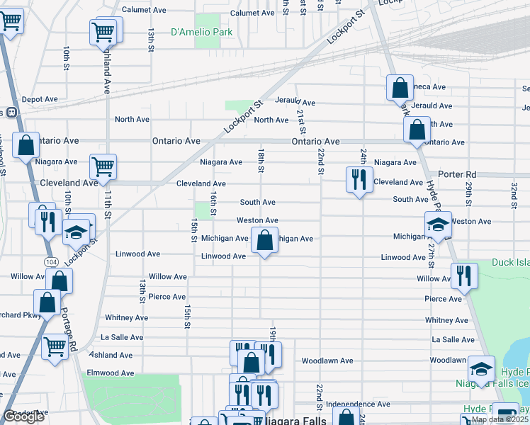 map of restaurants, bars, coffee shops, grocery stores, and more near 1809 18th St in Niagara Falls