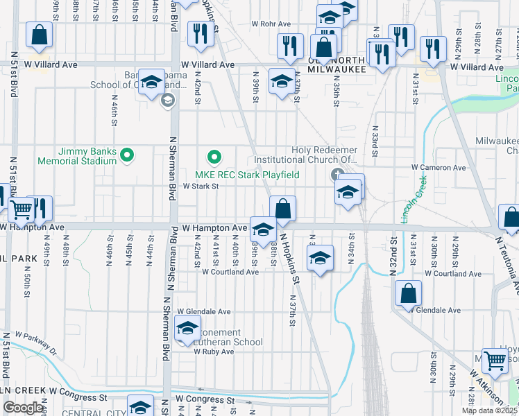 map of restaurants, bars, coffee shops, grocery stores, and more near 4840A North 39th Street in Milwaukee