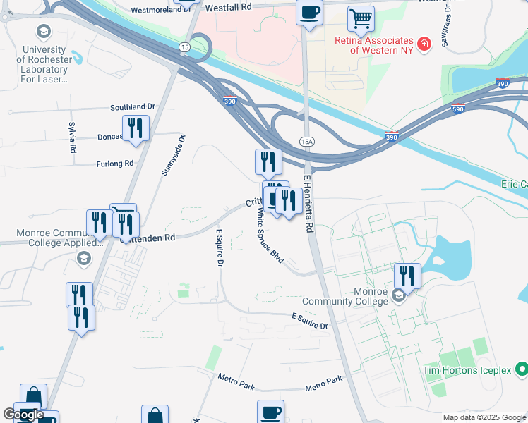 map of restaurants, bars, coffee shops, grocery stores, and more near 100 White Spruce Boulevard in Rochester