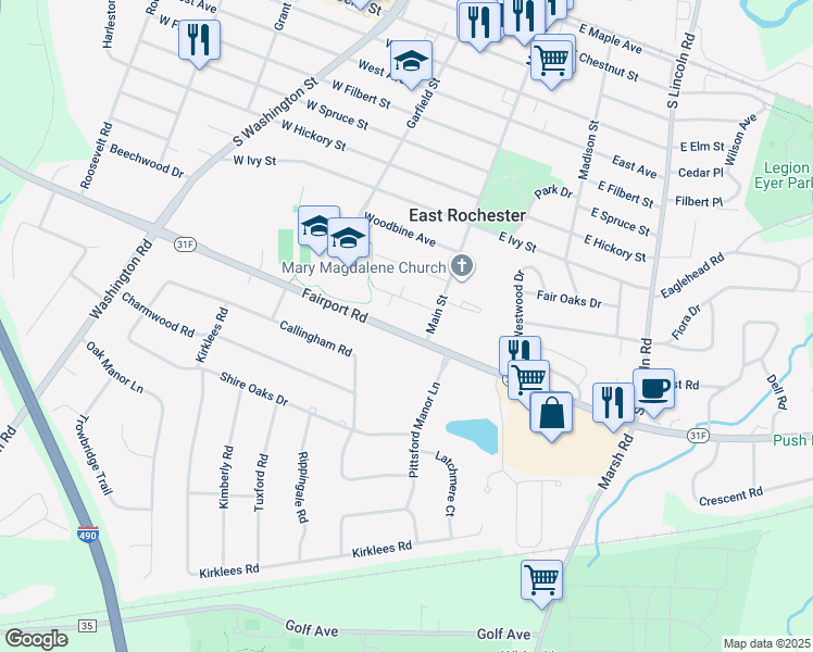 map of restaurants, bars, coffee shops, grocery stores, and more near 332 New York 31F in East Rochester
