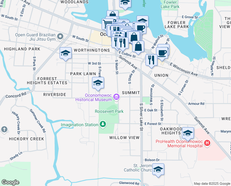 map of restaurants, bars, coffee shops, grocery stores, and more near 118 West Jefferson Street in Oconomowoc