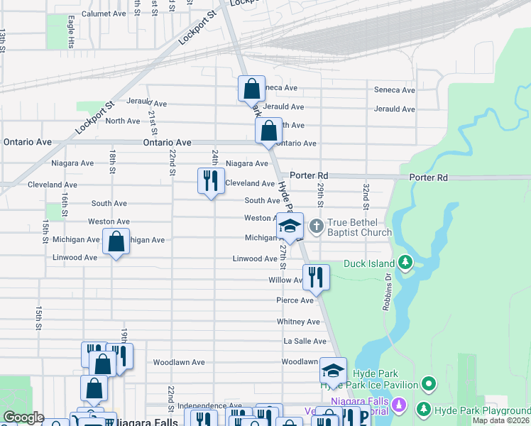 map of restaurants, bars, coffee shops, grocery stores, and more near 2478 Weston Avenue in Niagara Falls