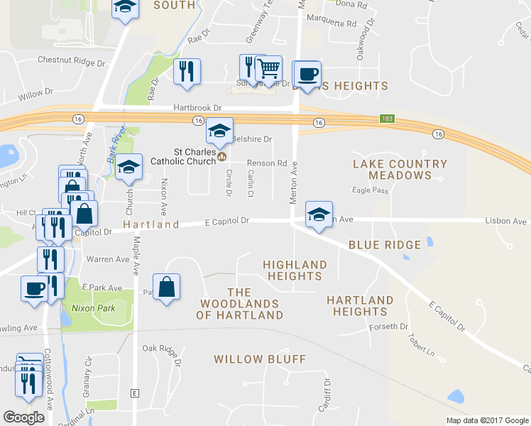 map of restaurants, bars, coffee shops, grocery stores, and more near 724 East Capitol Drive in Hartland