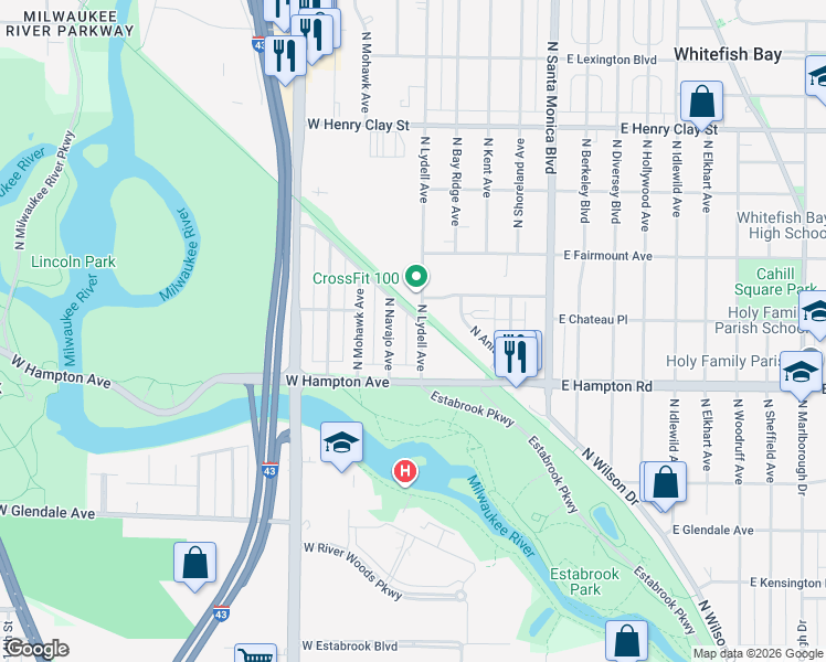 map of restaurants, bars, coffee shops, grocery stores, and more near 4863 North Lydell Avenue in Milwaukee