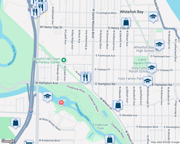 map of restaurants, bars, coffee shops, grocery stores, and more near 4885 North Santa Monica Boulevard in Whitefish Bay