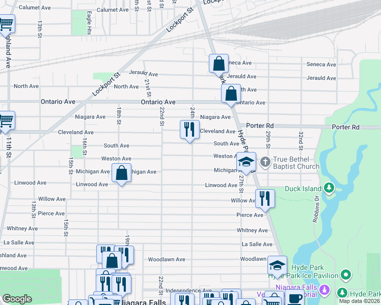 map of restaurants, bars, coffee shops, grocery stores, and more near 2260 Weston Avenue in Niagara Falls