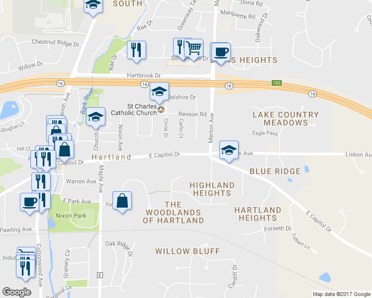 map of restaurants, bars, coffee shops, grocery stores, and more near 702 East Capitol Drive in Hartland