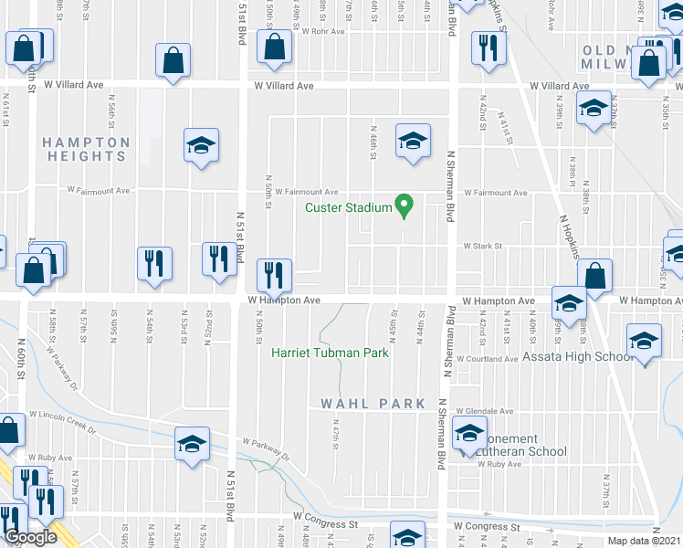 map of restaurants, bars, coffee shops, grocery stores, and more near 4833 North 47th Street in Milwaukee