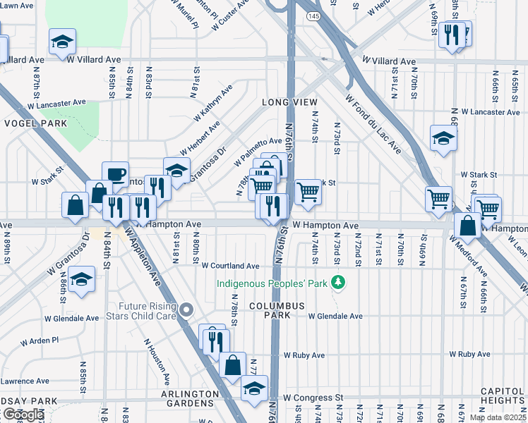 map of restaurants, bars, coffee shops, grocery stores, and more near 4821 North 76th Street in Milwaukee