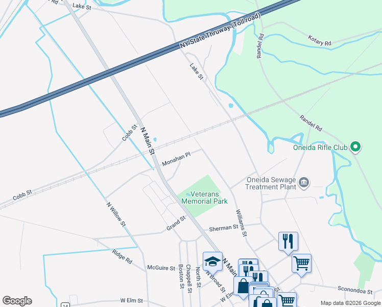 map of restaurants, bars, coffee shops, grocery stores, and more near 125 Monahan Place in Oneida