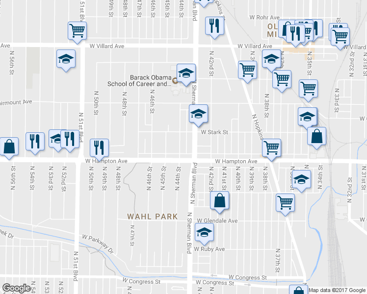 map of restaurants, bars, coffee shops, grocery stores, and more near 4838 North 44th Street in Milwaukee