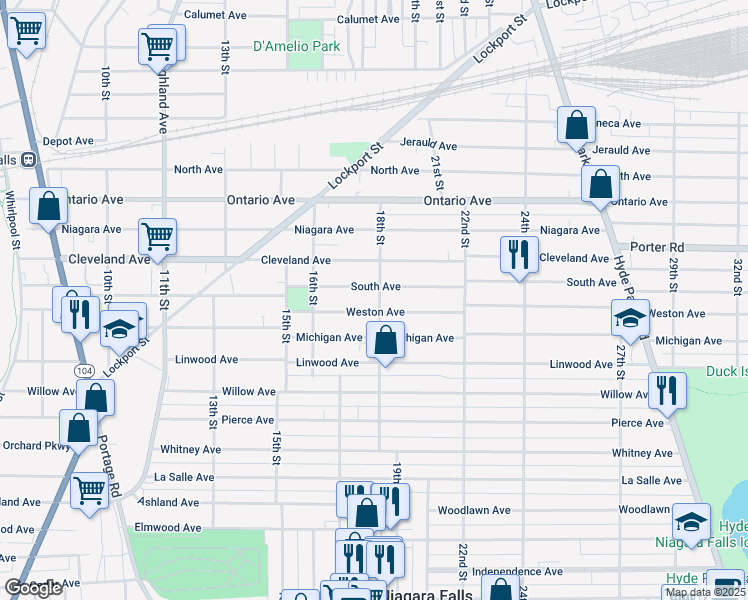 map of restaurants, bars, coffee shops, grocery stores, and more near 1809 18th Street in Niagara Falls