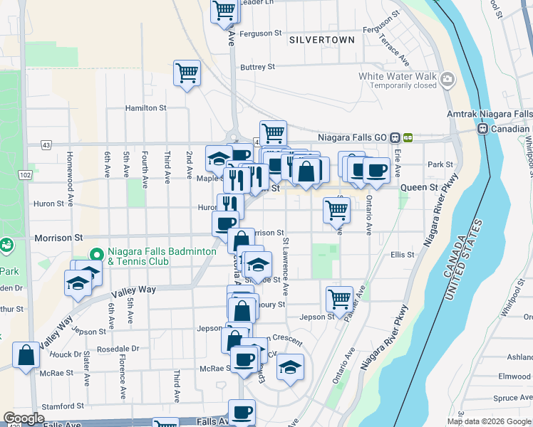 map of restaurants, bars, coffee shops, grocery stores, and more near in Niagara Falls