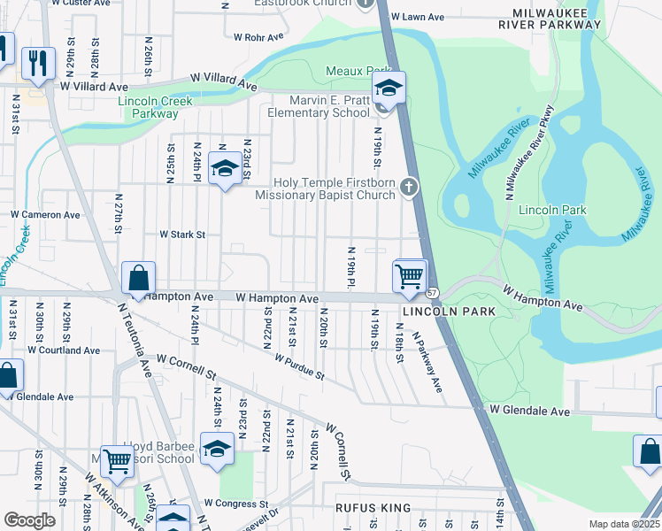map of restaurants, bars, coffee shops, grocery stores, and more near 4847 North 19th Place in Milwaukee