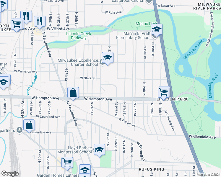 map of restaurants, bars, coffee shops, grocery stores, and more near 2310 West Linwall Lane in Milwaukee