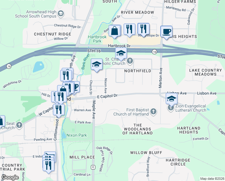 map of restaurants, bars, coffee shops, grocery stores, and more near 120 Nixon Avenue in Hartland