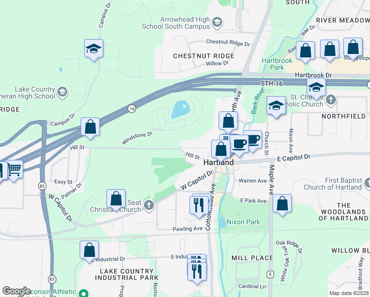 map of restaurants, bars, coffee shops, grocery stores, and more near 242 Hill Court in Hartland