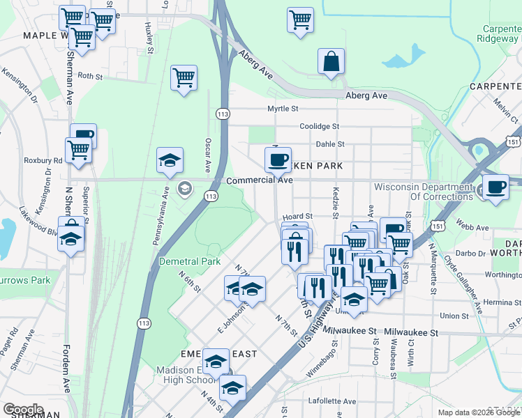 map of restaurants, bars, coffee shops, grocery stores, and more near 2605 Scofield Street in Madison
