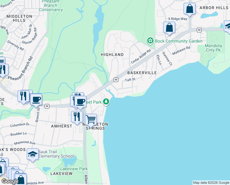 map of restaurants, bars, coffee shops, grocery stores, and more near 2930 Tomahawk Court in Middleton
