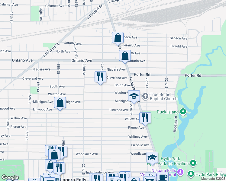 map of restaurants, bars, coffee shops, grocery stores, and more near 2438 Weston Avenue in Niagara Falls