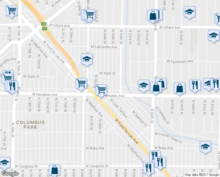 map of restaurants, bars, coffee shops, grocery stores, and more near 4827 North 65th Street in Milwaukee