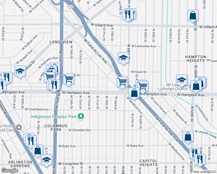 map of restaurants, bars, coffee shops, grocery stores, and more near 4820 North 70th Street in Milwaukee