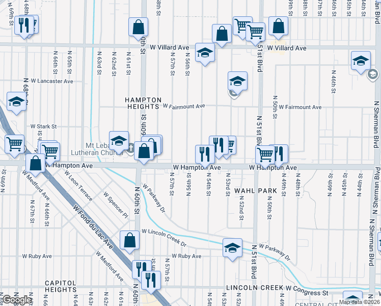 map of restaurants, bars, coffee shops, grocery stores, and more near 4830 North 56th Street in Milwaukee