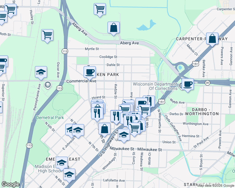 map of restaurants, bars, coffee shops, grocery stores, and more near 509 Kedzie Street in Madison