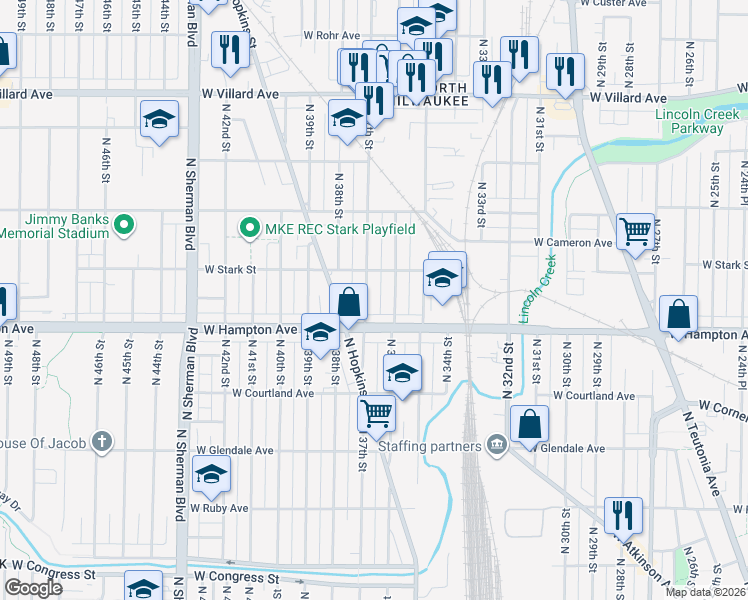 map of restaurants, bars, coffee shops, grocery stores, and more near 4840 North 37th Street in Milwaukee