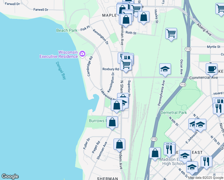 map of restaurants, bars, coffee shops, grocery stores, and more near 112 Kensington Drive in Madison