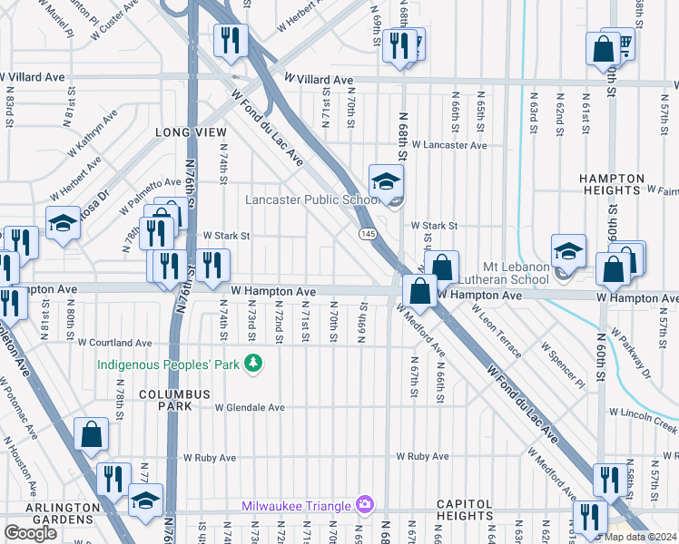 map of restaurants, bars, coffee shops, grocery stores, and more near 4820 North 70th Street in Milwaukee