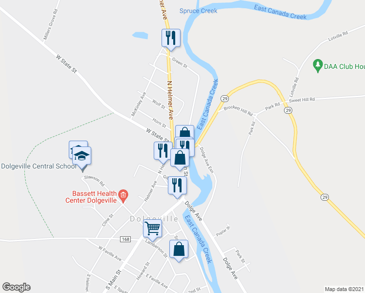map of restaurants, bars, coffee shops, grocery stores, and more near 2 W State St in Dolgeville
