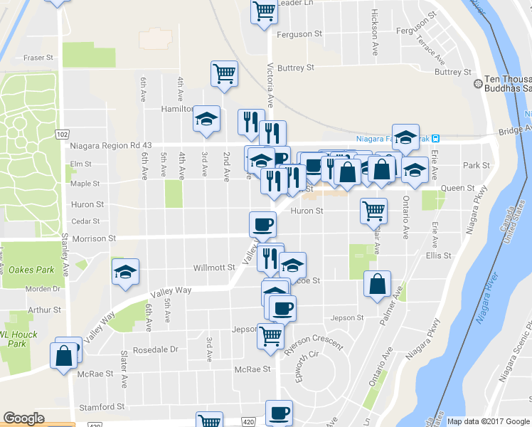 map of restaurants, bars, coffee shops, grocery stores, and more near 4737 Victoria Avenue in Niagara Falls