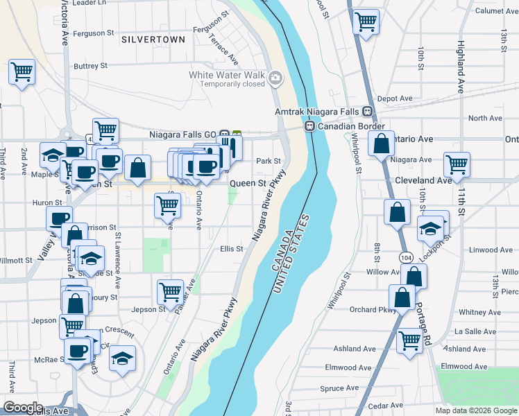 map of restaurants, bars, coffee shops, grocery stores, and more near 4733 River Road in Niagara Falls