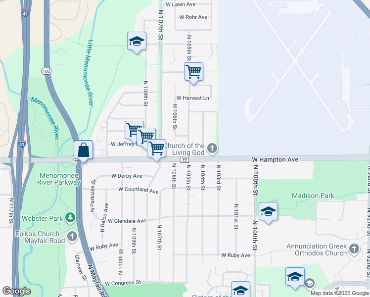 map of restaurants, bars, coffee shops, grocery stores, and more near 4825 North 105th Street in Milwaukee