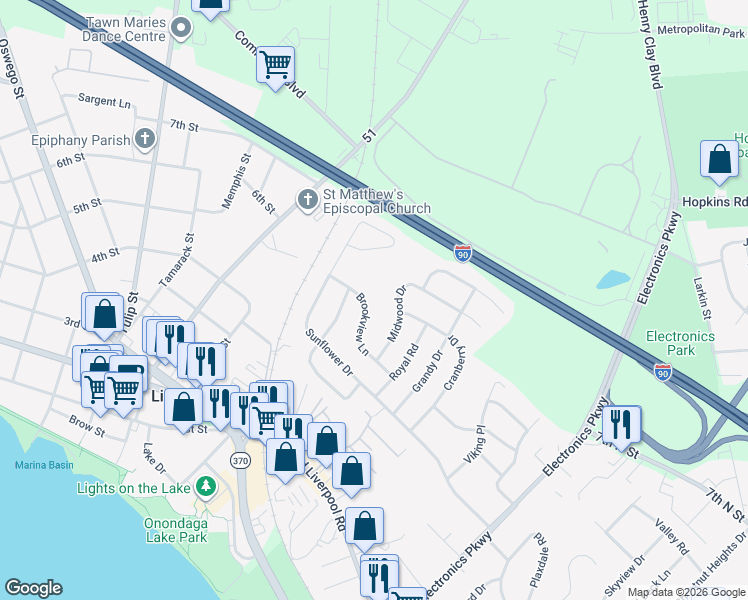 map of restaurants, bars, coffee shops, grocery stores, and more near 122 Brookview Lane in Liverpool