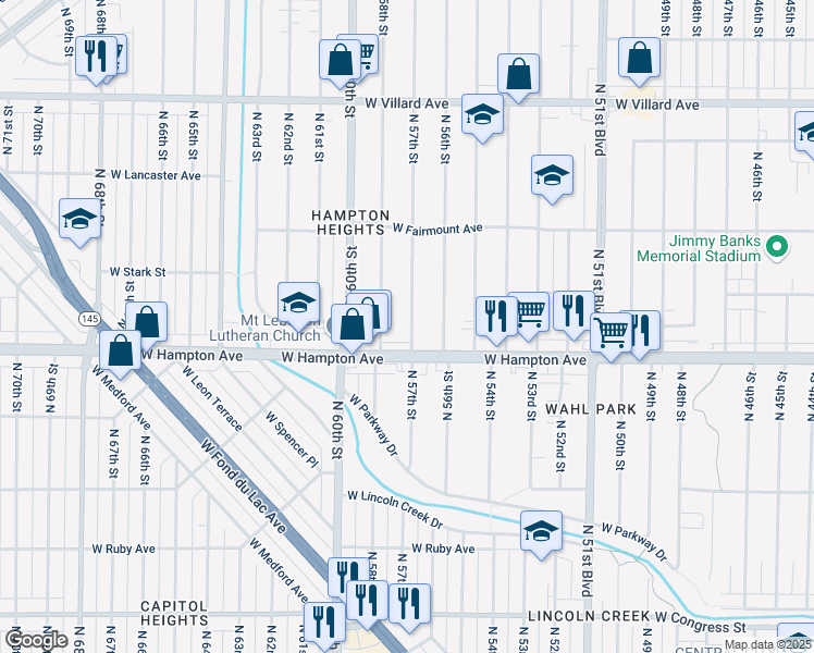 map of restaurants, bars, coffee shops, grocery stores, and more near 4833 North 57th Street in Milwaukee