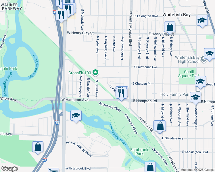 map of restaurants, bars, coffee shops, grocery stores, and more near 4901 North Anita Avenue in Whitefish Bay