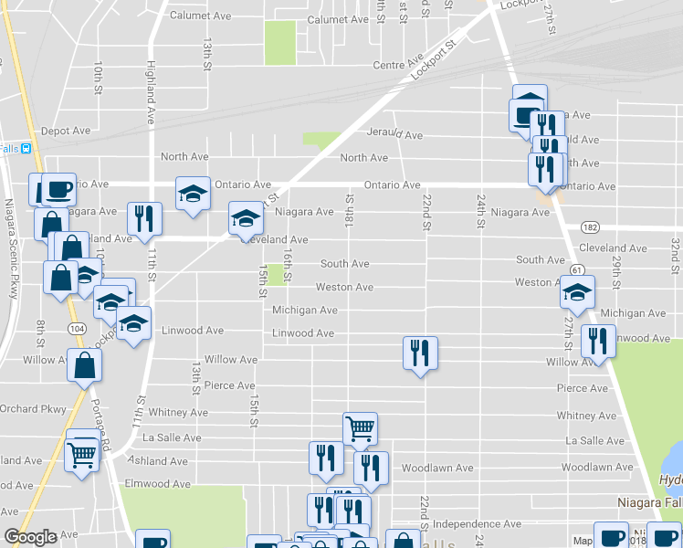 map of restaurants, bars, coffee shops, grocery stores, and more near 1814 18th Street in Niagara Falls