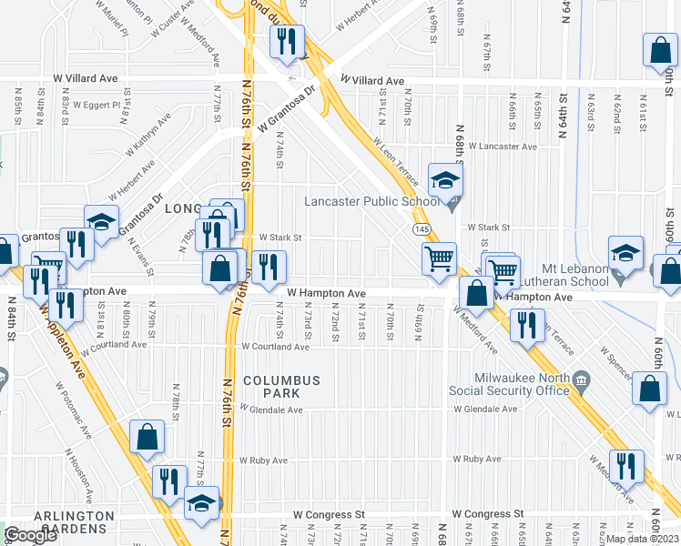 map of restaurants, bars, coffee shops, grocery stores, and more near 4820 North 72nd Street in Milwaukee