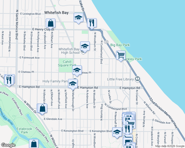 map of restaurants, bars, coffee shops, grocery stores, and more near 1351 East Chateau Place in Whitefish Bay