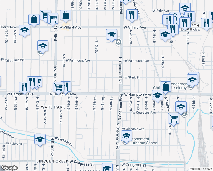 map of restaurants, bars, coffee shops, grocery stores, and more near 4843 North 45th Street in Milwaukee
