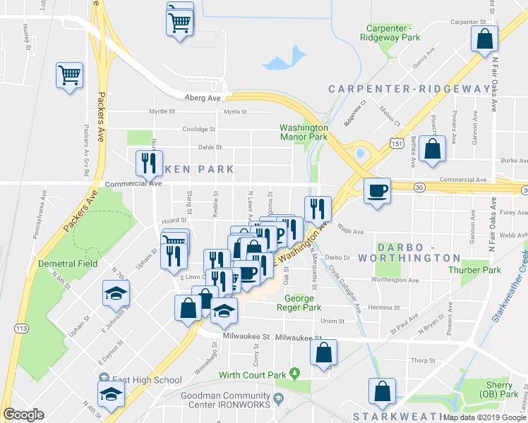 map of restaurants, bars, coffee shops, grocery stores, and more near 512 Algoma Street in Madison