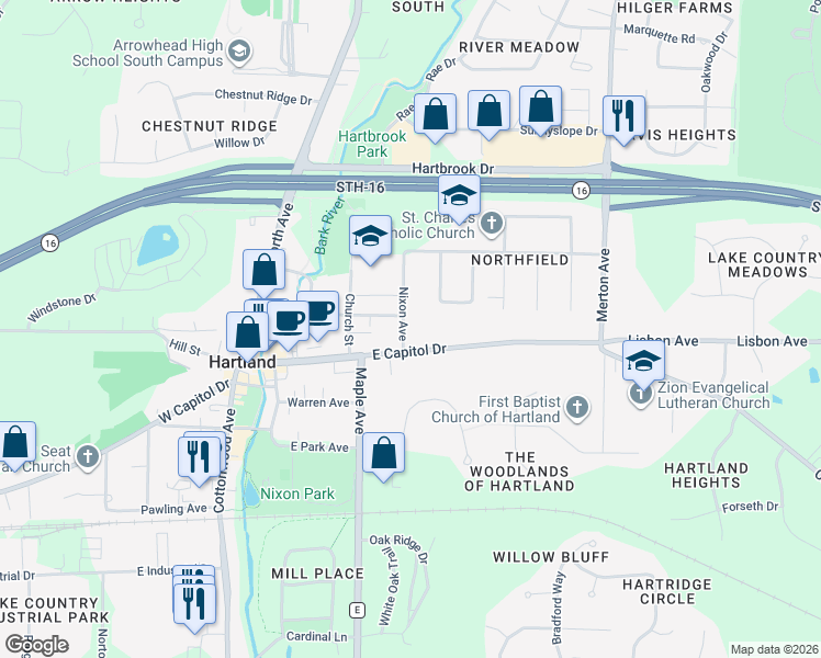 map of restaurants, bars, coffee shops, grocery stores, and more near 120 Nixon Avenue in Hartland