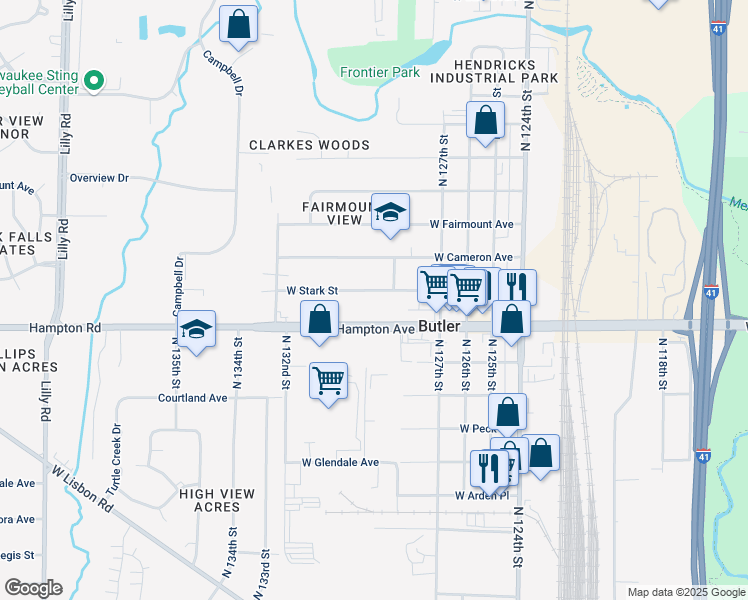 map of restaurants, bars, coffee shops, grocery stores, and more near 12825 West Stark Street in Butler